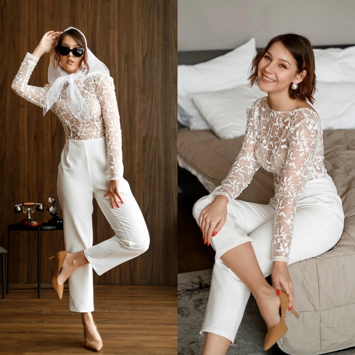 Beach Jumpsuit Wedding Dresses Sheer Long Sleeve Lace Top bohemian Bridal Gowns Pant Suit for Weddings vestido de novia