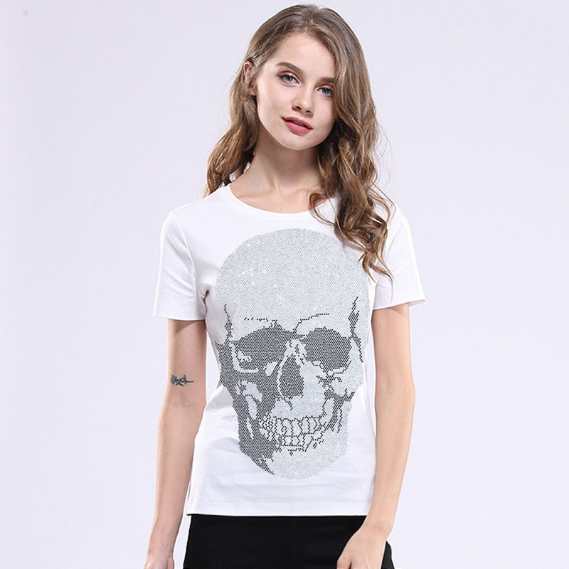 Casual Skulls T-shirt Women Summer Short Sleeve Tops Lady Fashion Streetwear Slim Cotton Tshirts Plus Size S-5XL 220321