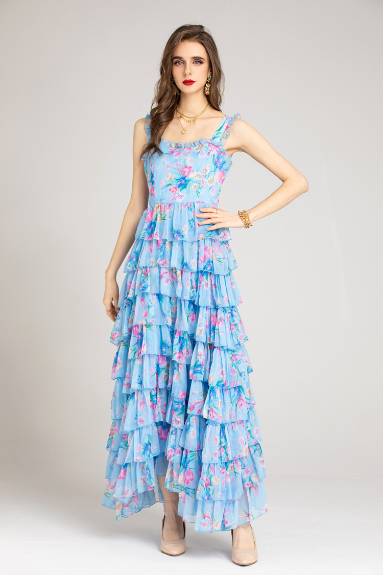 Women's Runway Dresses Spaghetti Straps Printed Tiered Ruffles Fashion Maxi Casual Party Prom Gown