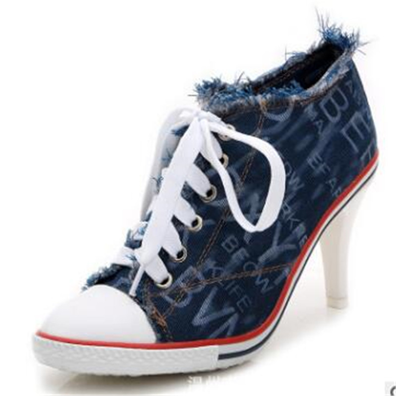 Women's Denim High Heels Rivets Shoes Female Canvas Pumps Lady's Boots Ankle Lace-Up Thick Heel and Thin 220328