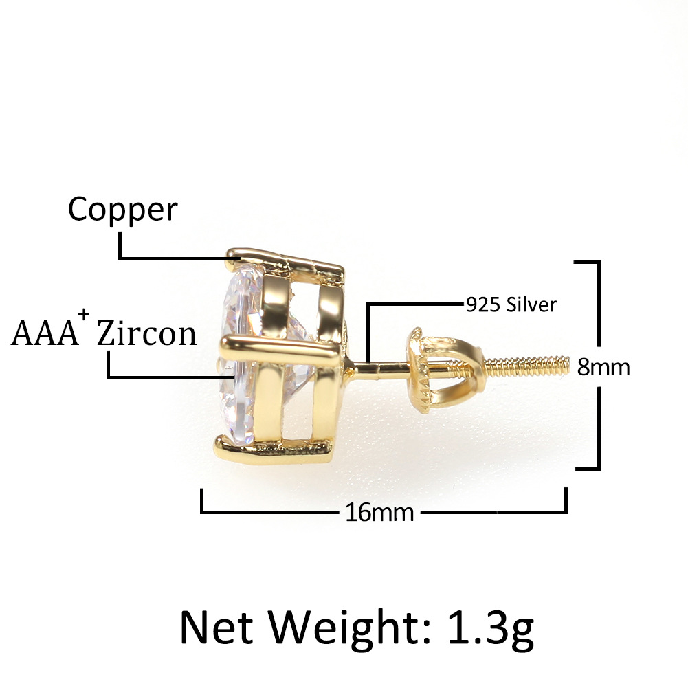 Hip Hop TopBling Screwback Stud Earrings S925 Silver Needle 18K Gold Plated Rock Rap Jewelry
