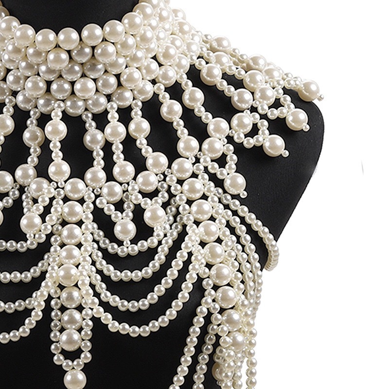 Retro advanced Pearls Crystal Body Jewelry Chain Sexyhandmade beaded Women Bridal wedding dress large necklace jewelry Accessor 220402