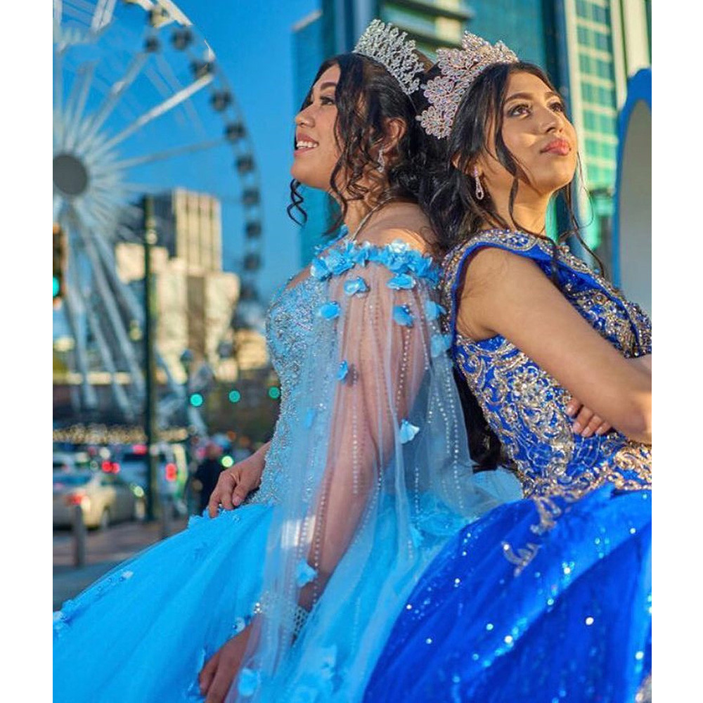 Sky Blue Off Shoulder Quinceanera Dress With Cape Princess Beaded 3D Flowers lace-up corset Pageant Birthday prom Party Sweet 16 15 gown