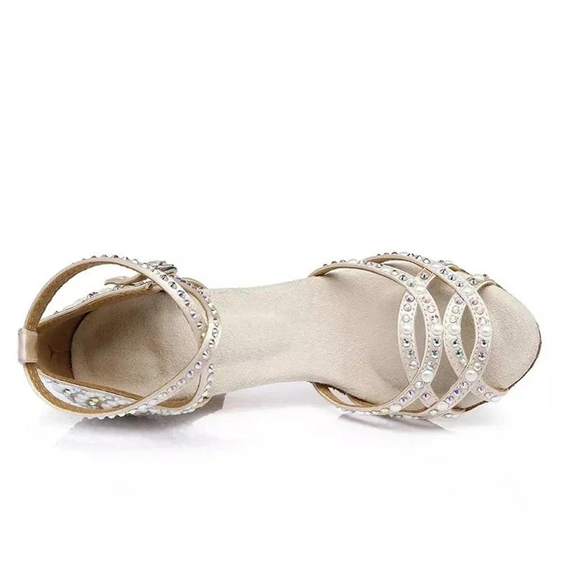 Pearl Latin Salsa Performance Dance Shoes Samba Rumba Ladies Soft Sole Shining Party Ballroom Girl Heel 220509