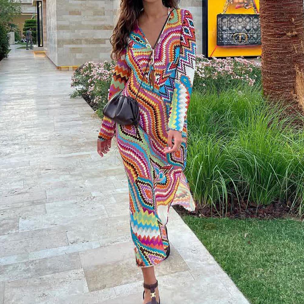 Summer Women Beach Style Color Print Casual Slim Long Dress Female V Neck Split Vintage Ladies Sleeve, Multi
Summer Women Beach Style Color Print Casual Slim Long Dress Female V Neck Split Vintage Ladies Sleeve, Multi