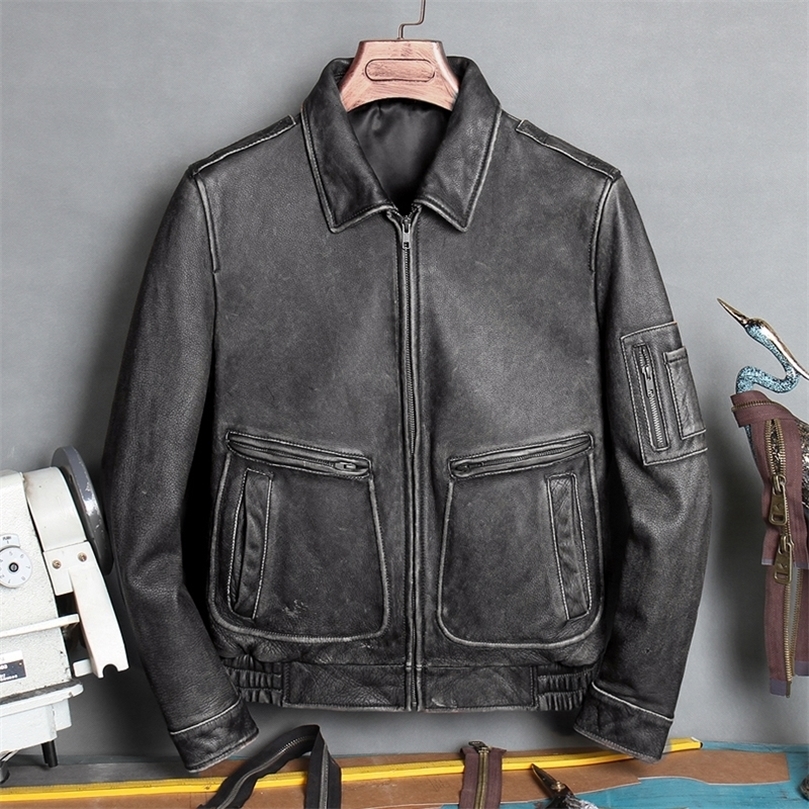 Plus MA-1 bomber leather coatthick cowhide Jacketmen's genuine Leather jacketman vintage brown leather clothes 201127