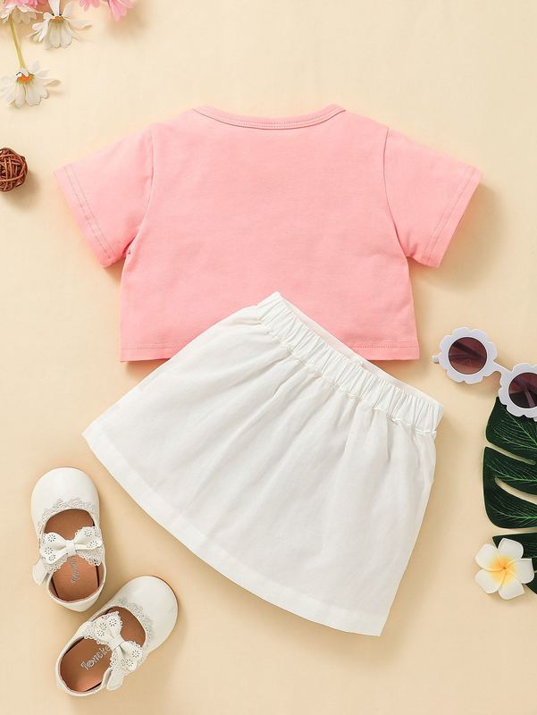 Toddler Girls Slogan Graphic Asymmetrical Hem Tee & Dual Pocket Skirt SHE