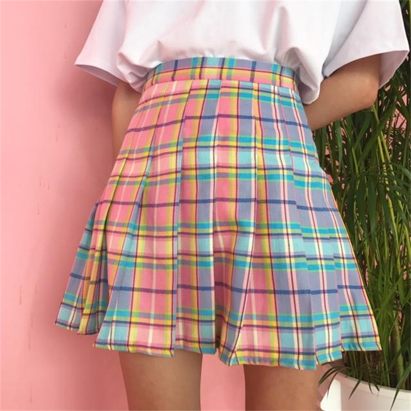 Summer Plaid Y2k Kawaii Pink Woman Mini Skirts Aesthetic A Line Pleated Harajuku Gothic Rainbow Sexy Club Women's 220317