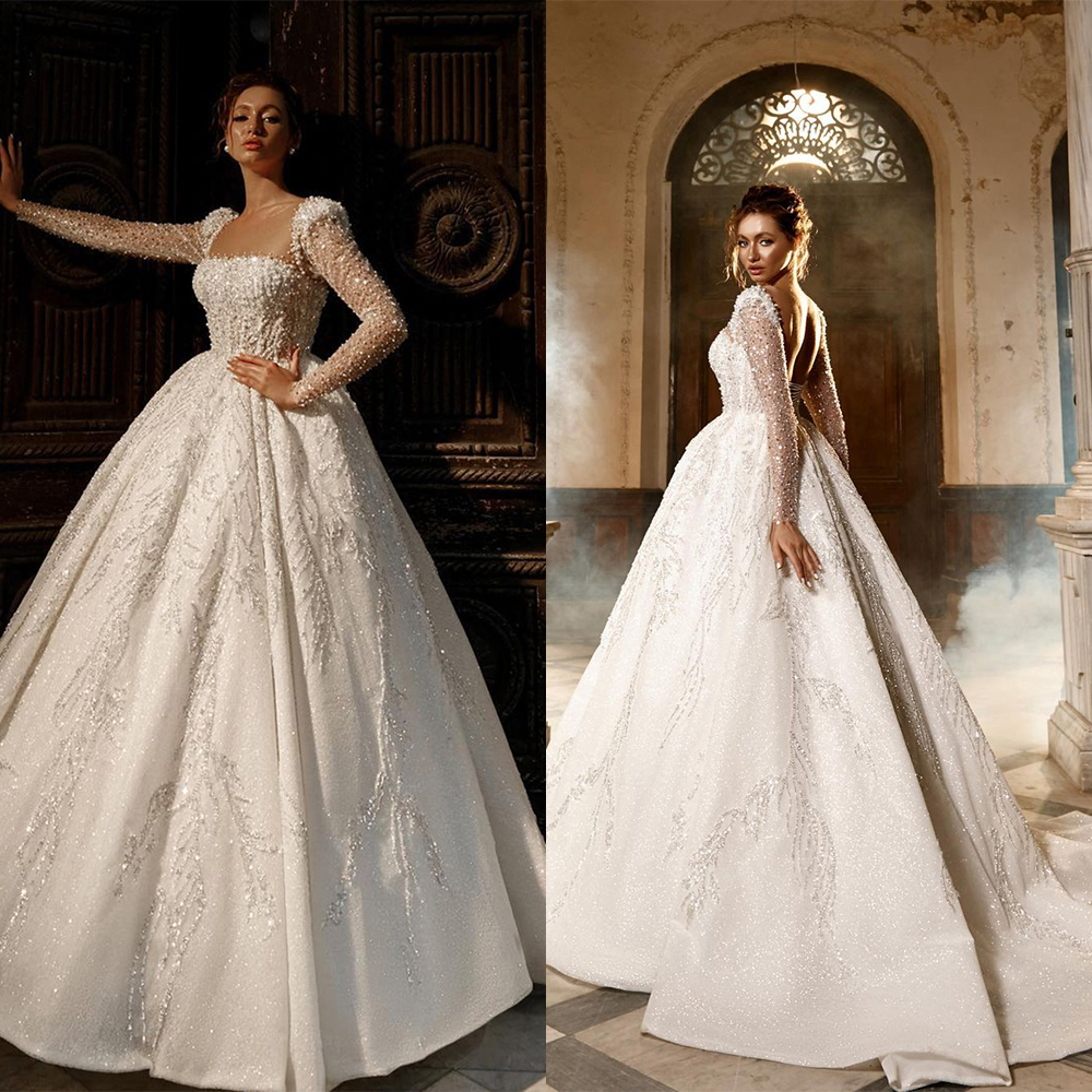 Princess urious Ball Gown Wedding Dresses Bridal Bateau Neck Long Sleeve Backless Lace Appliques Sequins Sweep or Ruffles Gowns Satin Custom Made Plus