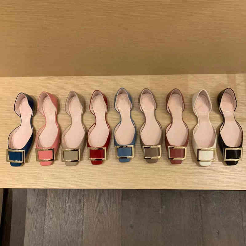 Rv Square Head Buckle Hollow Single Shoes Women's Versatile Patent Leather Flat Heels Red Wedding