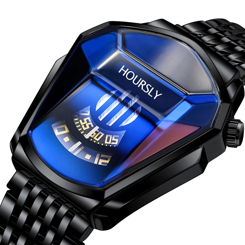 HOURSLY Trend Cool Men's Wrist Watch Stainless Steel Technology Fashion Quartz Watch For Men Relogio Masculino 220608