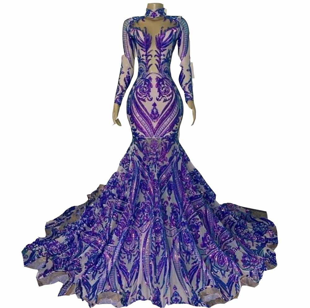 Lace Purple Sequined Long Sleeves Prom Dresses Mermaid For Black Girls With High Neck Plus Size Sweep Train Formal Evening Ocn Gowns Robe De Soiree ma