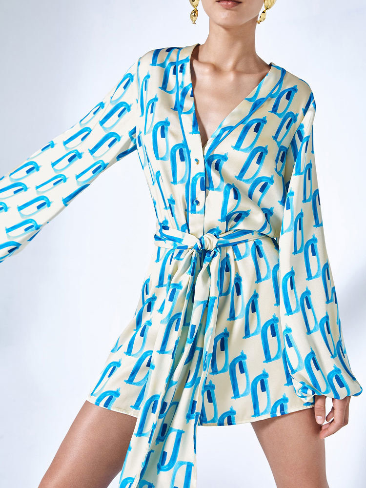 Summer Satin Printed Mini Dresses For Women Elegant V-Neck Lace Up With Feather Dress Female Lady Party Vocation Clothes 220426