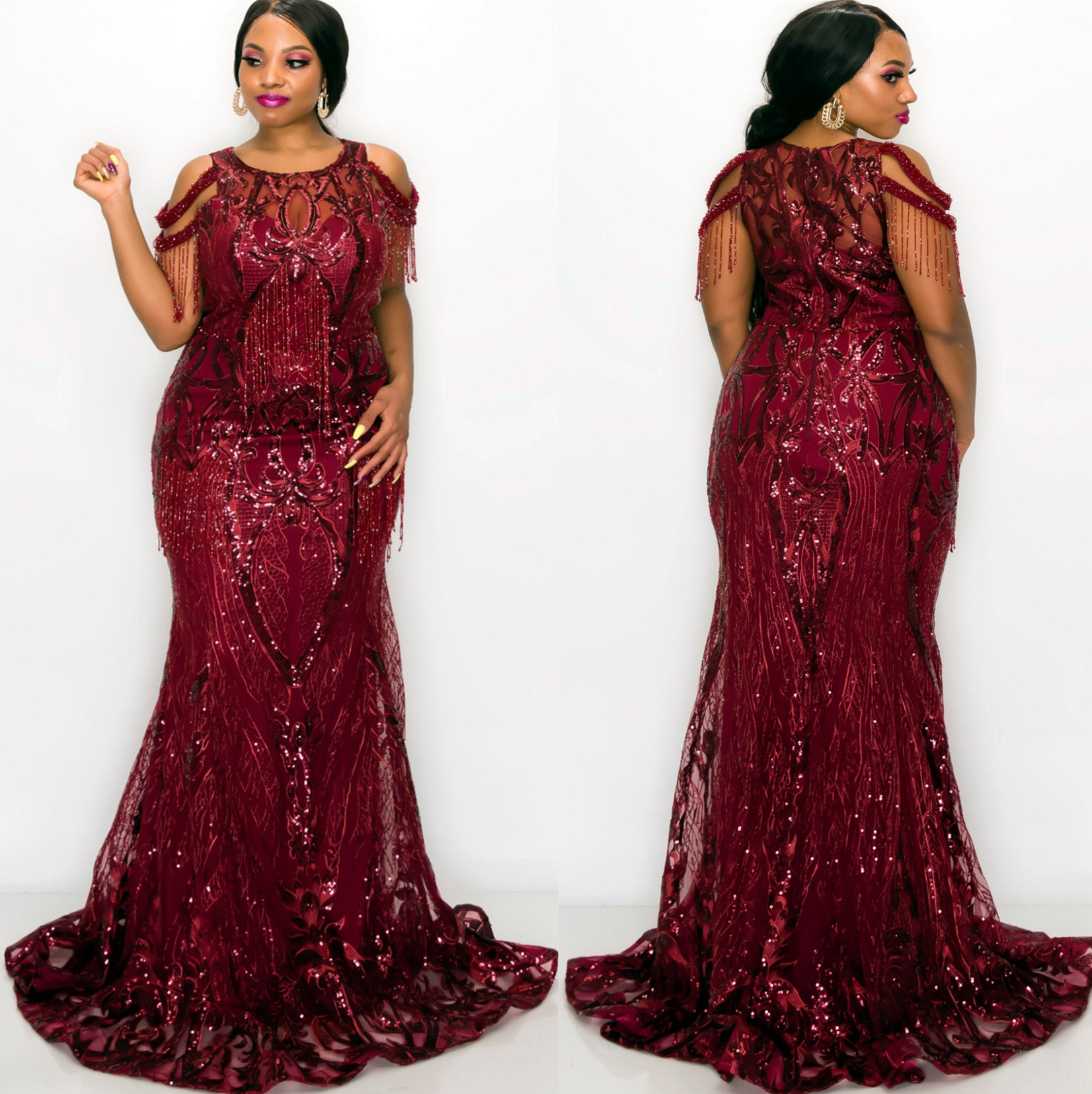 plus size arabic aso ebi burgundy mermaid sparkly prom dresses beaded sheer neck evening formal party second reception birthday engagement gowns dress