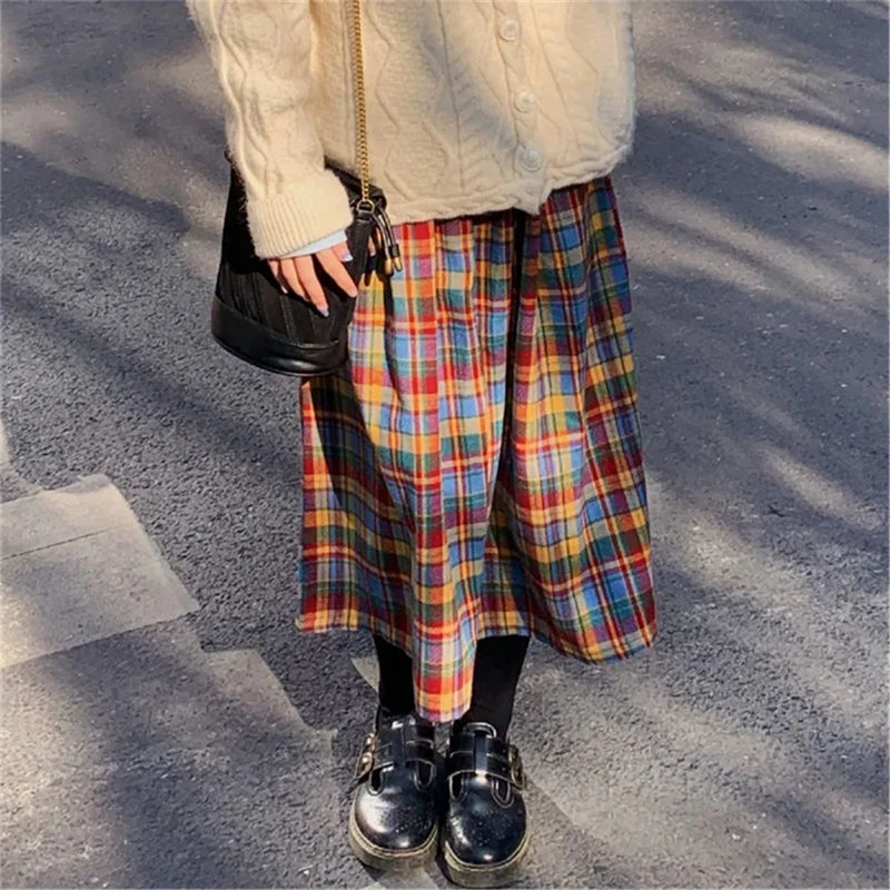 Japanese Rainbow High Waist A-Line Wool Plaid Skirt Female Students Preppy Style Wild Midi Women Autumn Long 220322