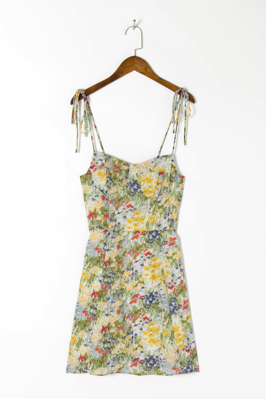 Retro French Yellow Green Floral Grass Print Spaghetti Strap Dress Sexy Women Lacing Up Sling Short Dresses Holiday Robe 220511