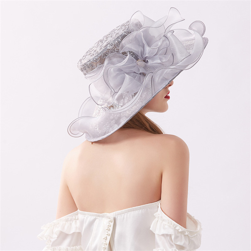 Summer Women Wide Brim Bow Mesh Lace Church Hat Foldable Wedding Tea Party Dress Sun 220429