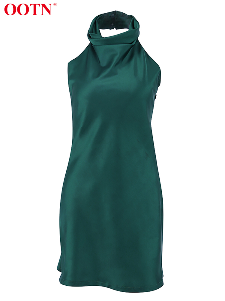 OOTN Sexy Backless Halter Dresses Satin French Style High Waist Prom Split Women Dress Silk Mini Party Bodycon Dress Summer 220511