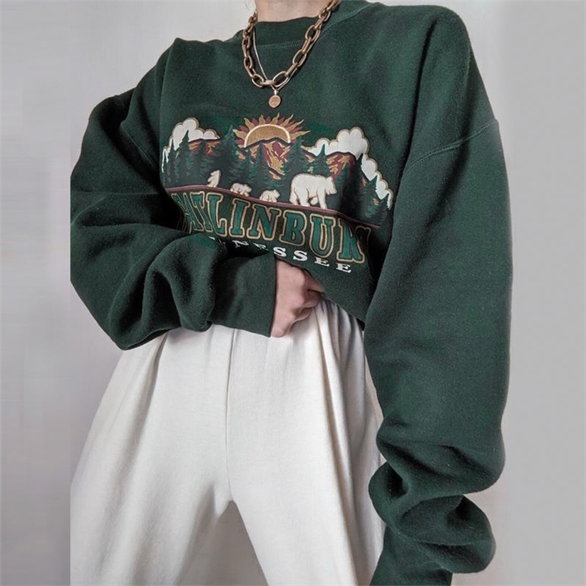 QWEEK Y2K Vintage Green Women Hoodies Oversize E Girl Aesthetic Print Sweatshirt Autumn 90s Street Pullover Long Sleeve Top 220324