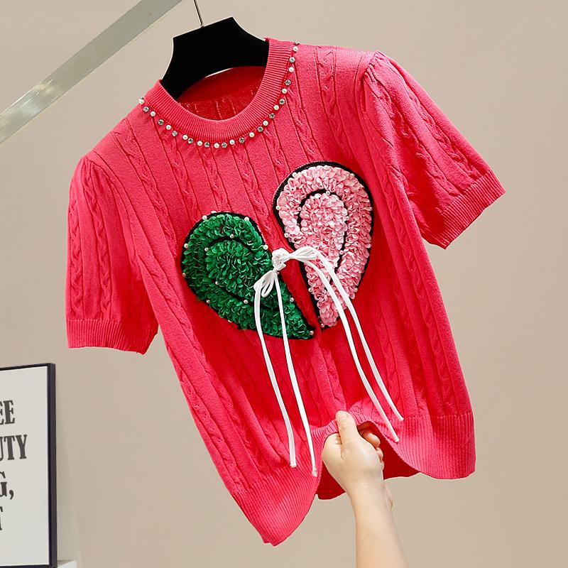 Women's T-Shirt Heavy Industry Beads Diamond Knit Tops Fashion Three-Dimensional Love Knitted Pullover Short Sleeve Tshirt Womens Summer T-s, Red
Women's T-Shirt Heavy Industry Beads Diamond Knit Tops Fashion Three-Dimensional Love Knitted Pullover Short Sleeve Tshirt Womens Summer T-s, Red