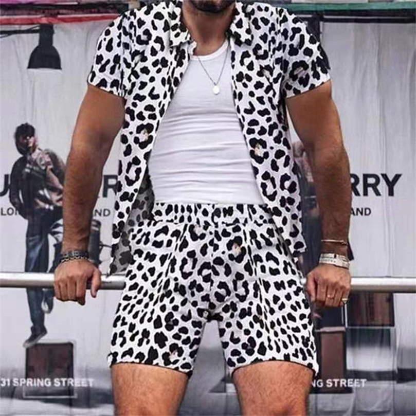 Leopard Tiger Print Sets Men Casual Hawaiian Short Sleeve Shirts Shorts Suits Quick Dry Beach 2 Pieces Plus Size 220621