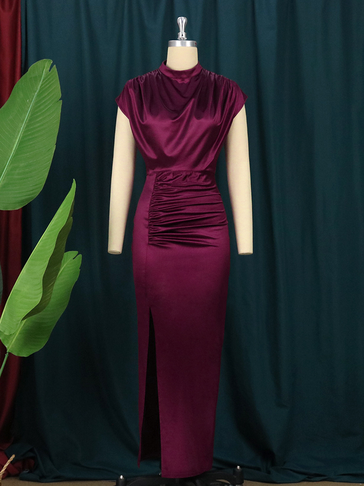 Women Shiny Long Dress Pleated Green Elegant Slit High Collar Slim Fit Sleeveless Maxi Robes Female Gowns Party Spring 220509