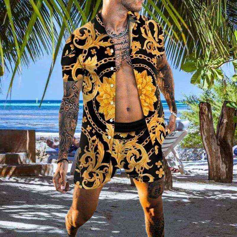 Shirt with Shorts Men Suit Summer Flower Shirt Shorts Loose Fashion Running Leisure Track Suit Casual Beach Two Pieces Set G220414