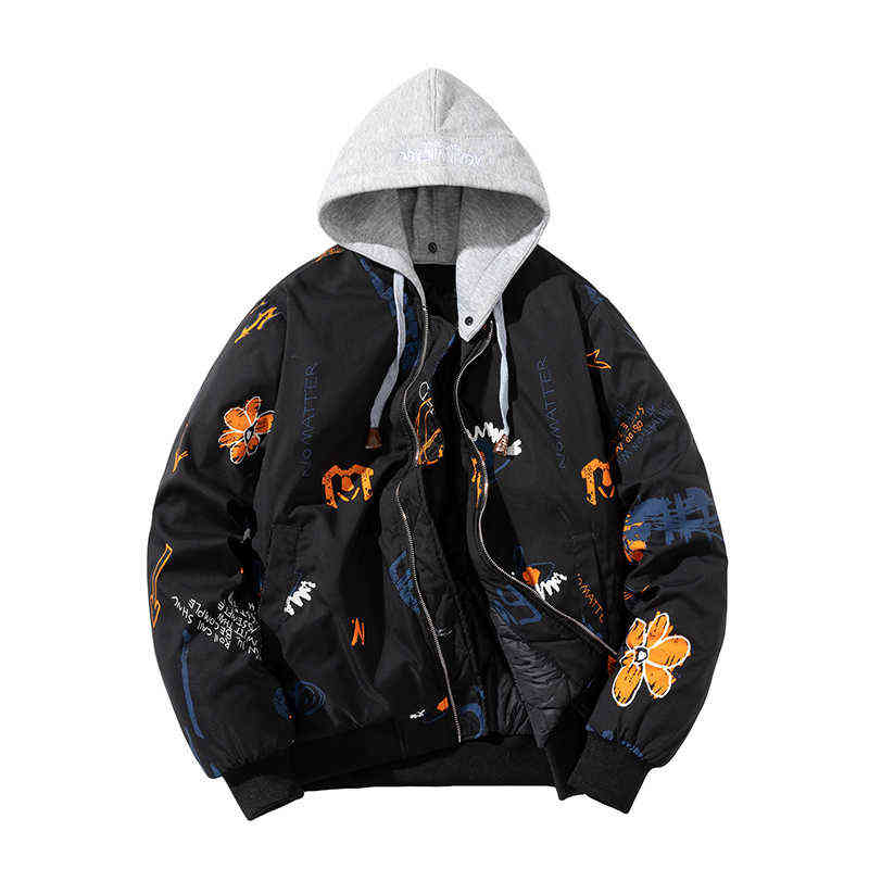 Winter Fashion Jacket Men Women Flower Print Basketball Jacket Hooded Letter Couple Thick Parkas Coat Streetwear College Korean T220816