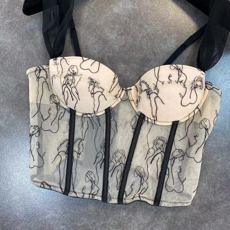 DEAT Summer Arrivals Sleeveless Mesh Strap Embroidery Fashion Temperament Fish Bone Tank Tops Women Camisole ML507 220325