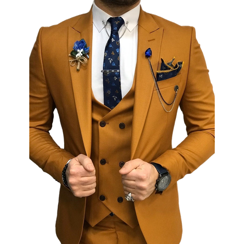 Handsome Mustard Men Suits Wedding Tuxedos 3 Piece Groom Wear One Button Slim Fit Prom Party Blazer Peaked Lapel Groomsmen Dinner Suit Jacket Vest Pan