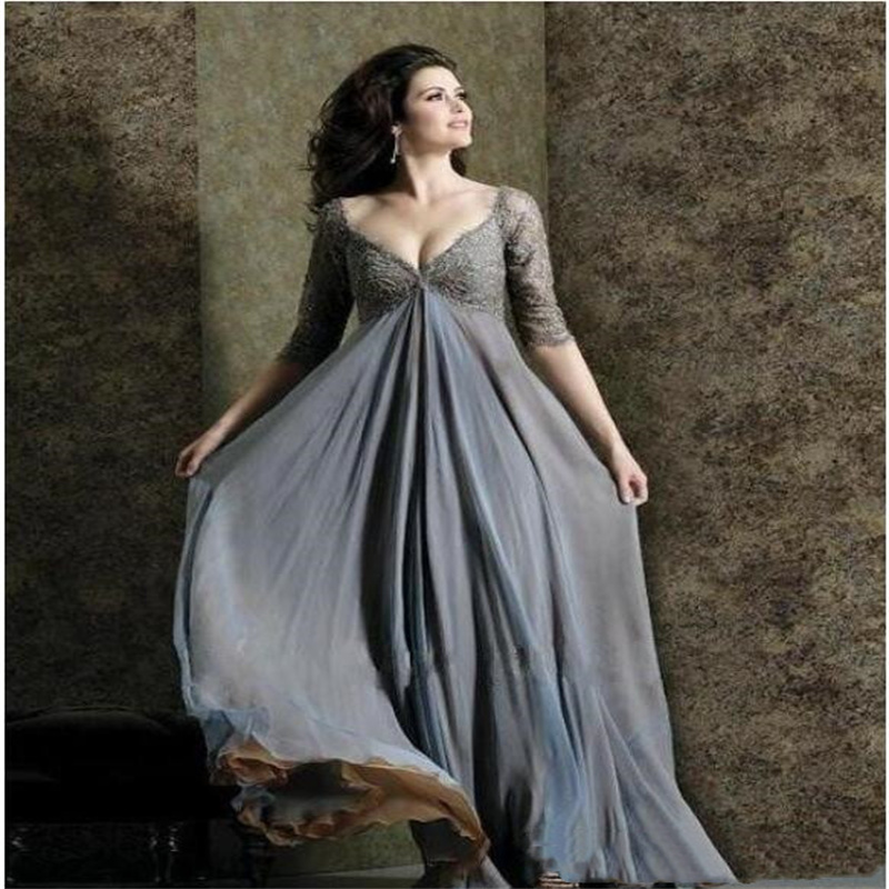 Chic Plus Size Lace Mother Of The Bride Dresses Sleeves A-Line V-Neck Empire Waist Mother Of Groom Dress Floor-Length Chiffon Evening Gowns