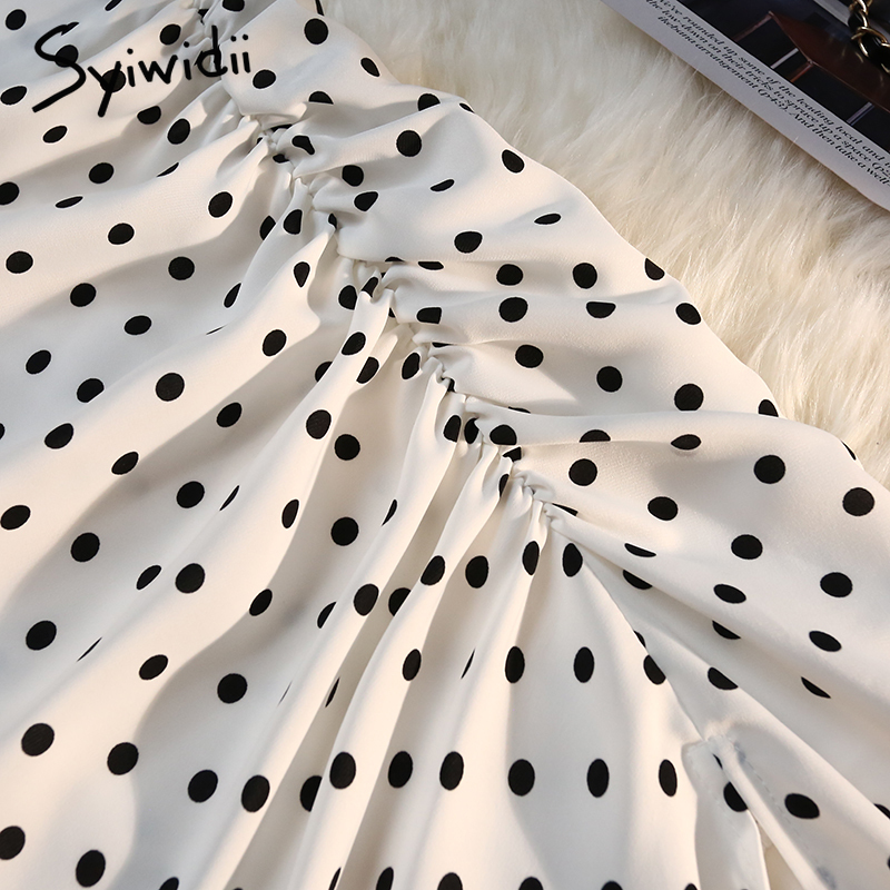 Syiwidii Shirring Side Slit Women's Skirts Polka Dot Print White High Waist Back Elastic Band Elegant Ladies Midi Long Skirt 220317