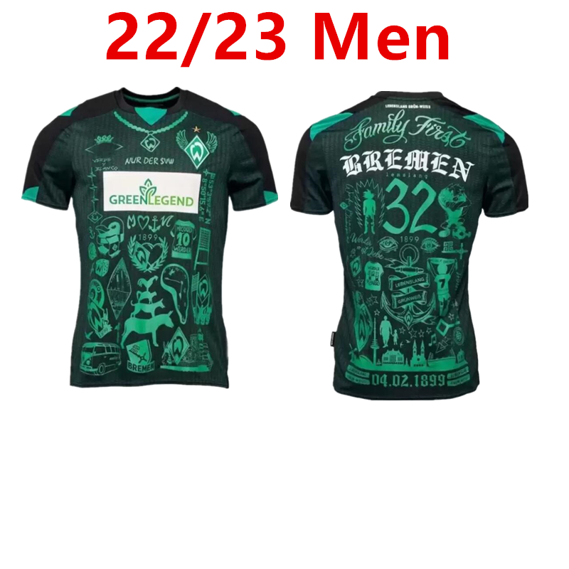 22 23 Werder Bremen Special Kit SOCCER JERSEY Marvin Ducksch Leonardo Bittencourt BLACK GREEN How FOOTBALL SHIRTS TOP THAILAND QUALITY Men HOME 2022 2023
22 23 Werder Bremen Special Kit SOCCER JERSEY Marvin Ducksch Leonardo Bittencourt BLACK GREEN How FOOTBALL SHIRTS TOP THAILAND QUALITY Men HOME 2022 2023