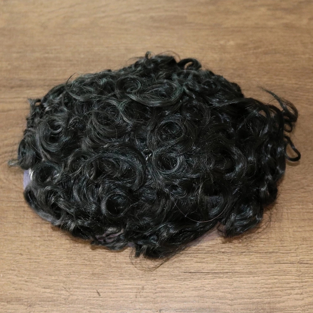 20MM Curly #1 Black Men's Wigs 100% Human Hair Unit Replacement System Durable Full Skin PU Toupee Male Capillary Prosthesis