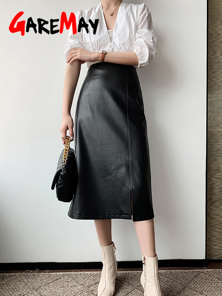 Autumn Winter Women's Leather Skirt with Side Slit A-line Vintage Long Midi High Waist Pu Faux Pencil 220322