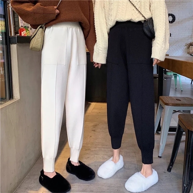 Women Autumn Winter Knitted Harem Pants Female Loose Solid Color Trousers Ladies High Waist Warm Granny Casual 220325