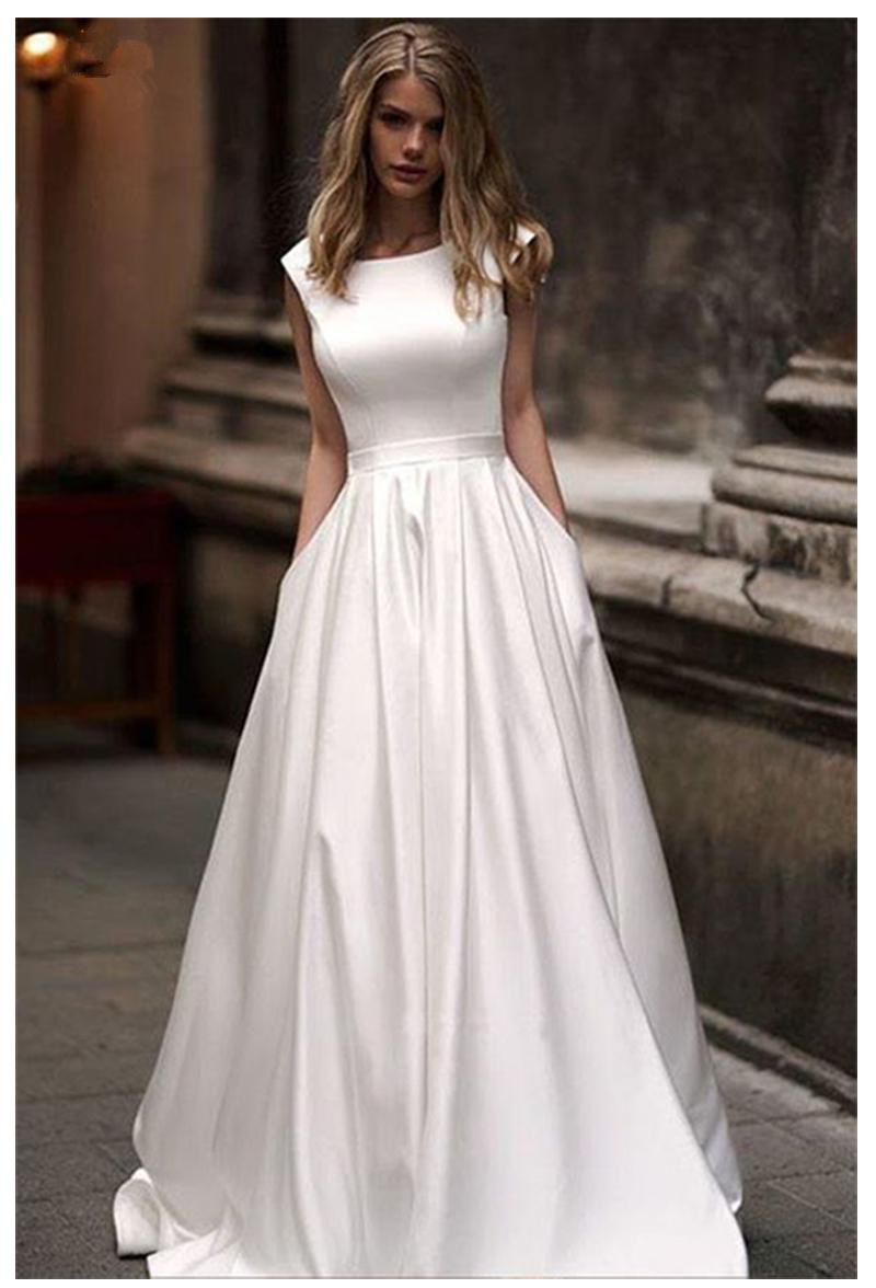 Simple White Satin A Line Wedding Dress Sleeveless Open Back Summer Bridal Gowns With Pockets Sweep Train Long Korean Bride Dresses
