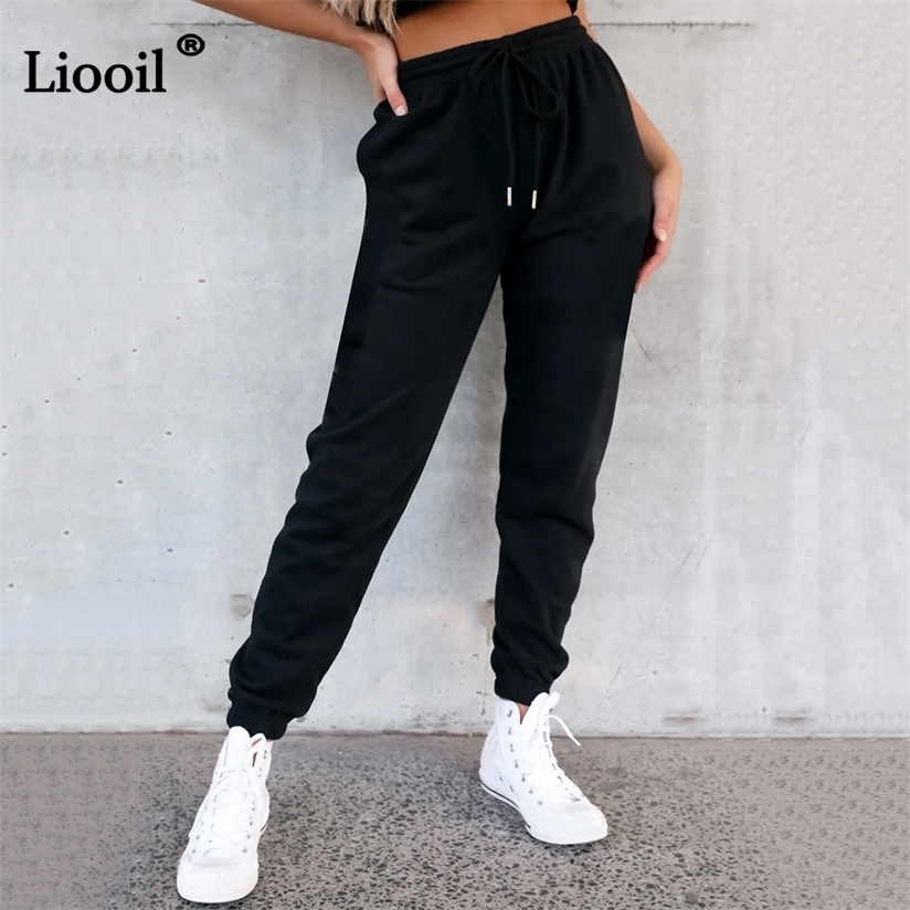 Liooil Joggers Fleece Drawstring Pencil Pant High Waist Baggy Sweatpants With Pocket Casual Fall Winter Streetwear 220325