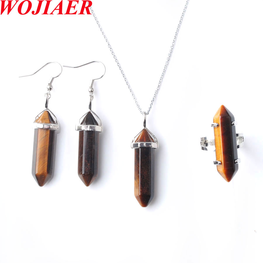 WOJIAER New Women Fashion Long Natural Stone Earrings Ring Necklace Set Rose Quartz Hexagon Point BO959