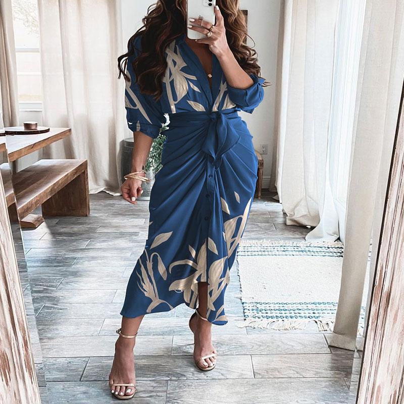 Casual Dresses 2022 Summer Women Fashion Long Sleeve V Neck Drawstring Maxi Dress Leaf Pattern Print Tied Detail Ruched Shirt