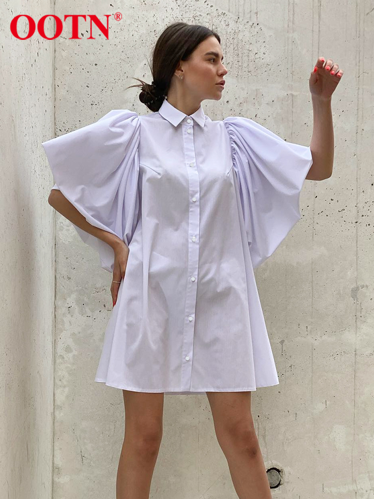 OOTN Oversized Chic Party Shirt Dress Women Petal Sleeve A-Line Lapel Pure Cotton Summer Mini Dress Loose Office Elegant Dress 220511