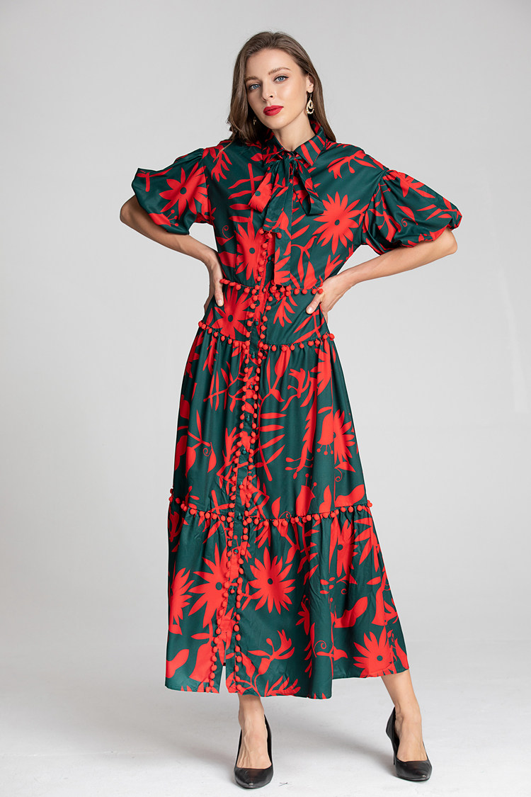 Women's Runway Dresses Turn Down Collar Short Sleeves Printed High Street Fashion Dress Vestidos