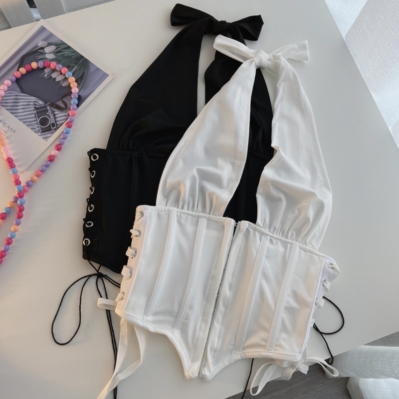 DEAT Women Strap Halter Backless Fish Bone Camis Arrivals Sexy Fashion Temperament Spring Summer 11D7470 220325