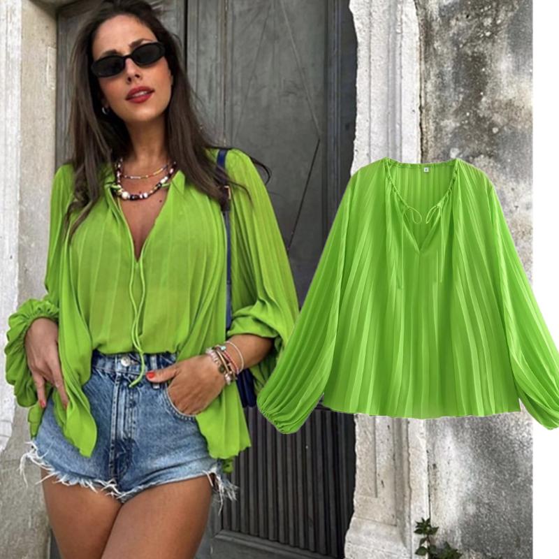 Women' Blouses & Shirts Maxdutti Casual Shirt Grass Green Color Chiffon Pleated Elegant Blouse Women French Style Fashion TopsWomen
Women' Blouses & Shirts Maxdutti Casual Shirt Grass Green Color Chiffon Pleated Elegant Blouse Women French Style Fashion TopsWomen