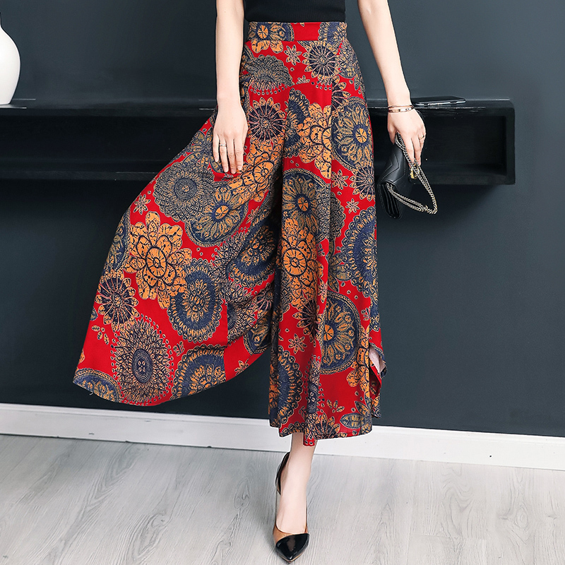 Summer Wide Leg Pant High Quality Loose Bohemian Waist Skirt Vintage Trousers Bottoms 220325