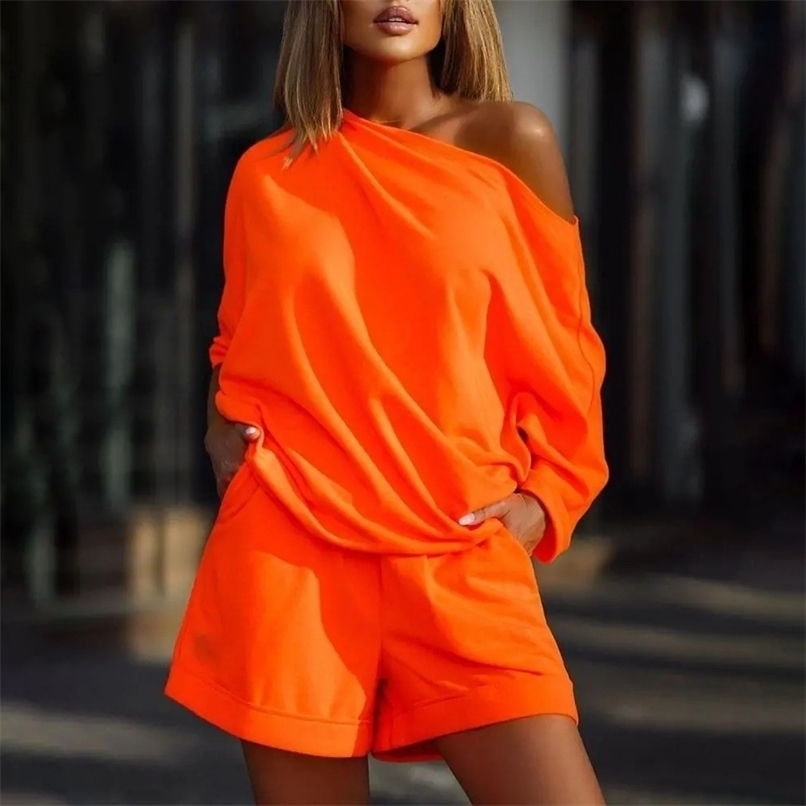 Casual Loose Two Piece Set Summer Fashion Solid Halft Sleeve Tops And Shorts 2 Piece Set Sexy White Off Shoulder Suits 220611