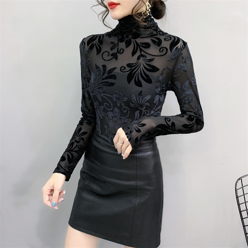 Korean style High neck Velvet Mesh Tops Long-sleeved Black bottoming shirt Sexy Women's t-shirt 220328
