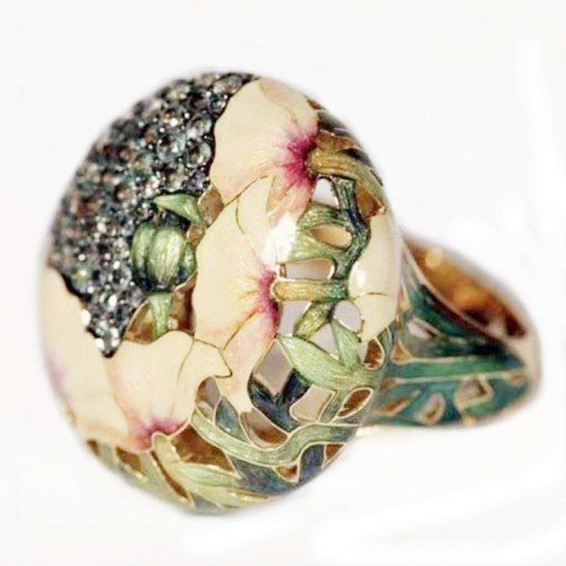 18K Gold Retro Hand-painted Floral Finger Ring for Women Colorful Opal Crystal Enamel Female Band Rings Wedding Bands Jewelry Birthday Gifts Bijoux Wh
