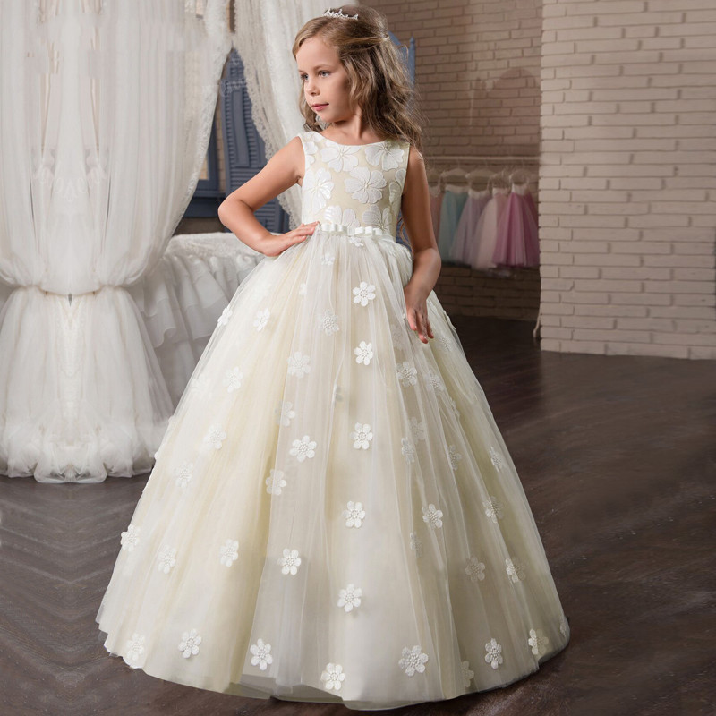 Ivory Flower Girls' Dresses Birthday Party Gown Appliques Sequins Tulle Lace Rufflls Sleeveless High Neck Appliqued Floor Length Custom Made Tail