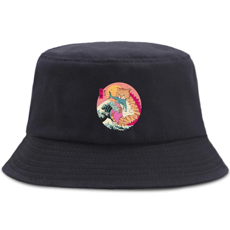 Berets Ukiyoe Japanese Cat Cartoon Catana Print Bob Hats For Women Fishing Women'S Fisherman Cap Hip Hop Sunscreen Sun Men'S Bucket